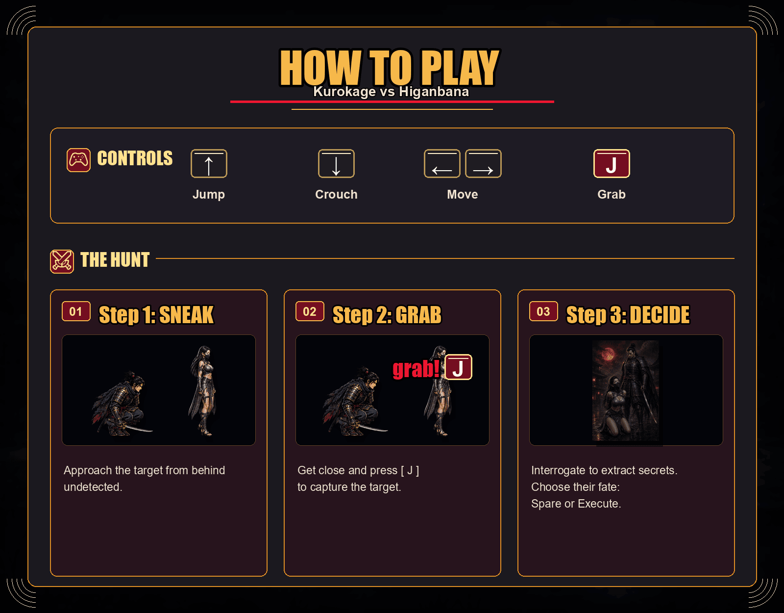 How to play guide showing controls, sneak, grab, and decide steps